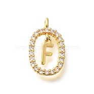 Brass Micro Pave Cubic Zirconia Pendants, Real 18K Gold Plated, Oval with Letter Charms, Letter F, 18.5x11x3.5mm, Hole: 2x1.5mm(ZIRC-P123-01G-F01)