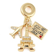 Rack Plating Brass Clear Cubic Zirconia European Dangle Charms, Red Enamel Travel Large Hole Pendants, Real 18K Gold Plated, Long-Lasting Plated, Cadmium Free & Lead Free, Eiffel Tower, 32mm, Hole: 4.5mm(KK-P287-18E-G)