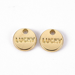 Rack Plating Alloy Charms, Cadmium Free & Lead Free, Flat Round with Word Lucky, Light Gold, 8x1.5mm, Hole: 1.2mm(PALLOY-N155-77-RS)