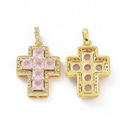 Brass Micro Pave Clear Cubic Zirconia Pendants, Cross, Religion, Pearl Pink, 24x17x5mm, Hole: 3.5x5~5.5mm(ZIRC-F135-24G-02B)