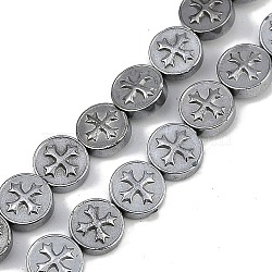 Electroplated Synthetic Non-magnetic Hematite Beads Strands, Flat Round with Cross, Platinum Plated, 8x3mm, Hole: 0.8mm, about 51pcs/strand, 15.75''(40cm)(G-K375-B02-03)