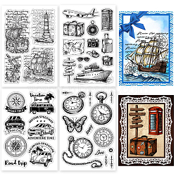 Travel Theme 4 Sheets 4 Styles PVC Plastic Stamps, for DIY Scrapbooking, Photo Album Decorative, Cards Making, Stamp Sheets, Clock & Compass & Ship & Luggage Pattern, Mixed Patterns, 160x110x3mm, 1 sheet/style(DIY-GL0002-58)