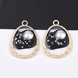 Epoxy Resin Pendants, with ABS Plastic Imitation Pearl and Shell, Alloy Findings and Enamel, teardrop, Matte Gold Color, Black, 39.5x28.5x5.5mm, Hole: 3mm(X-RESI-S365-60D)