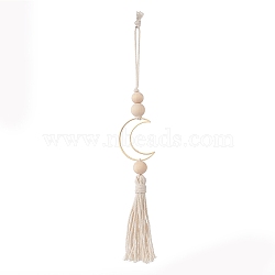 Natural Wood Bead Tassel Pendant Decoraiton, Moon Brass Linking Rings and Macrame Cotton Cord Hanging Ornament, Creamy White, 285mm(HJEW-JM00956)