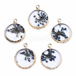 Transparent Clear Epoxy Resin & Dried Flower Pendants, with Edge Light Gold Plated Iron Loops, Flat Round, Medium Purple, 24x20x2.5mm, Hole: 1.8mm(RESI-S383-076B-B01)
