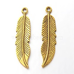 Tibetan Style Alloy Pendants, Lead Free and Cadmium Free, Feather, Antique Golden, 45.5x11x2.5mm, Hole: 2mm(K08SP031)