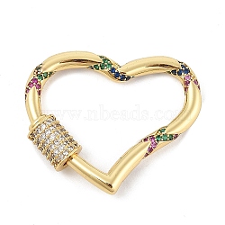 Brass Micro Pave Colorful Cubic Zirconia Keychain Clasps, Rack Plating, Locking Carabiner, Quick Links, Long-Lasting Plated, Cadmium Free & Lead Free, Real 18K Gold Plated, Heart, 26x21.5x6.5mm(KK-P299-09A-G)