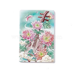 Embossed Flower Printed Acrylic Pendants, Rectangle Charms with Musical Instruments Pattern, Pink, 45x30x2.3mm, Hole: 1.6mm(MACR-J121-02B)