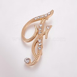 Alloy Brooches, with Rhinestone, Letter, Letter.F, Golden, 44x31x3mm, Pin: 1mm(JEWB-WH0005-01F-G)