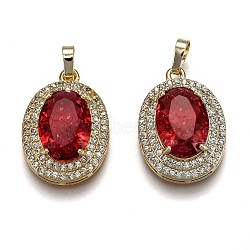 Golden Plated Brass Micro Pave Clear Cubic Zirconia Pendants, with Glass, with Snap on Bails, Long-Lasting Plated, Oval, Red, 22.5x16x7mm, Hole: 3x5mm(ZIRC-F123-02L)