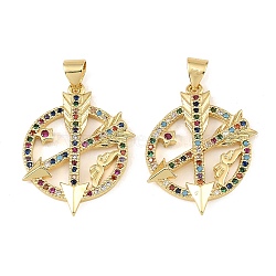 Brass Micro Pave Colorful Cubic Zirconia Pendants, with White Enamel, Flat Round with Arrow Charms, Golden, 27x21x3mm, Hole: 5X3mm(CU-CBA9175-27G)