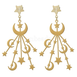 201 Stainless Steel Moon & Star Dangle Stud Earrings for Women, Long Drop Earring, Golden, 66x36mm(EJEW-TA00368)