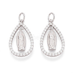 925 Sterling Silver Micro Pave Clear Cubic Zirconia Religion Pendants, Teardrop with Virgin Mary Charms, with Jump Ring and 925 Stamp, Rhodium Plated, Platinum, 23.5x14x2mm, Hole: 4mm(STER-N016-107P)