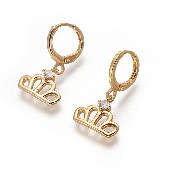 Brass Dangle Hoop Earrings, with Micro Pave Cubic Zirconia, Crown, Golden, 24.5mm, Pin: 1mm