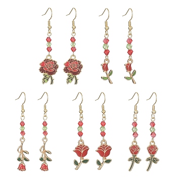 Valentine's Day Theme Alloy Enamel Rose Dangle Earrings with Glass Beaded, 304 Stainless Steel Earrings, Red, 54~63x9~15.5mm