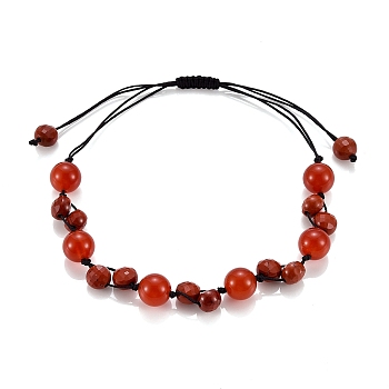 Adjustable Nylon Thread Braided Bead Bracelets, with Natural Carnelian(Dyed) & Red Jasper Beads, Round & Flat Round, Inner Diameter: 1-1/2~3-1/2 inch(3.7~8.8cm)