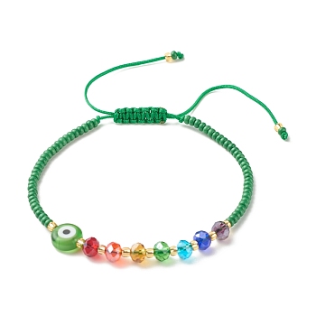 Flat Round Evil Eye Lampwork Braided Bead Bracelet, Glass Seed Beads Adjustable Bracelet for Women, Medium Sea Green, Inner Diameter: 2-3/8~4-1/8 inch(5.9~10.4cm)