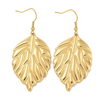 Leaf Ion Plating(IP) 304 Stainless Steel Dangle Earrings, Polishing, Golden, 60x27mm