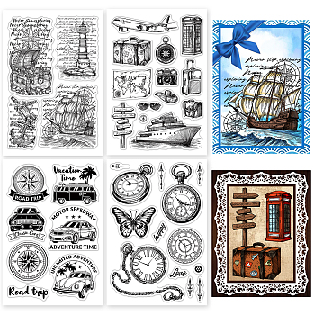 Travel Theme 4 Sheets 4 Styles PVC Plastic Stamps, for DIY Scrapbooking, Photo Album Decorative, Cards Making, Stamp Sheets, Clock & Compass & Ship & Luggage Pattern, Mixed Patterns, 160x110x3mm, 1 sheet/style