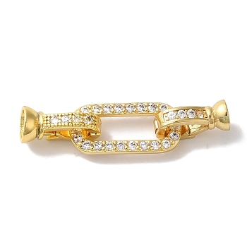 Oval Rectangle Rack Plating Brass Micro Pave Clear Cubic Zirconia Fold Over Clasps, Long-lasting Plated, Lead Free & Cadmium Free, Real 18K Gold Plated, 37mm, Hole: 0.6mm