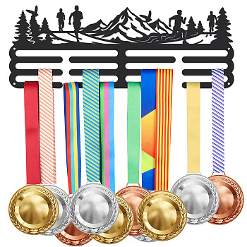 Iron Medal Holder Frame, Medals Display Hanger Rack, 2 Lines, with Screws, Rectangle, Mountain & Forest, 150x400mm