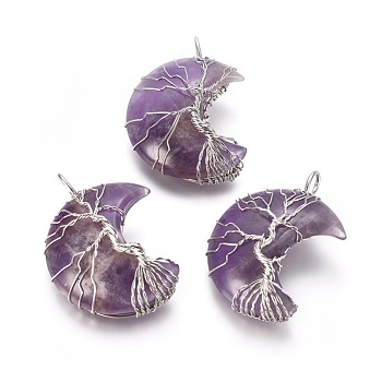 Natural Amethyst Tree of Life Wire Wrapped Pendants, with Brass Findings, Crescent Moon, Platinum, 44~46x26~32x12.5mm, Hole: 6.5x4.5mm