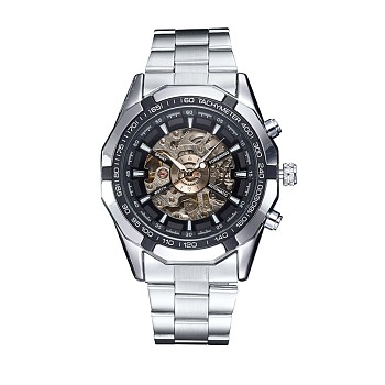 Alloy Watch Head Mechanical Watches, with Stainless Steel Watch Band, Stainless Steel Color, 220x20mm, Watch Head: 54x51x15mm, Watch Face: 35mm