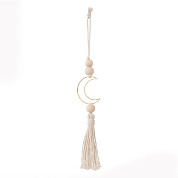 Natural Wood Bead Tassel Pendant Decoraiton, Moon Brass Linking Rings and Macrame Cotton Cord Hanging Ornament, Creamy White, 285mm