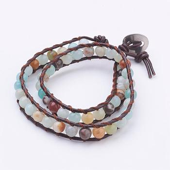 Two Loops Natural Amazonite Wrap Bracelets, with Cowhide Leather Cord and 304 Stainless Steel Sewing Buttons, with Burlap Paking Pouches Drawstring Bags, 14.6 inch(370mm)