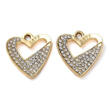 Alloy Rhinestone Pendants, Heart Charms, Golden, 19.5x18x2.5mm, Hole: 2mm