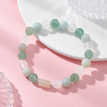 Natural Quartz Crystal & Green Aventurine & Amazonite Beads Stretch Bracelets for Women, Round, Beads: 8.5mm and 10x6.5x6.5mm, Inner Diameter: 2-1/4 inch(5.6cm)