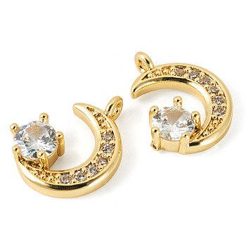 2Pcs Brass Micro Pave Cubic Zirconia Pendants, Moon Charms, Real 18K Gold Plated, 15.5x12x3.5mm, Hole: 1.4mm