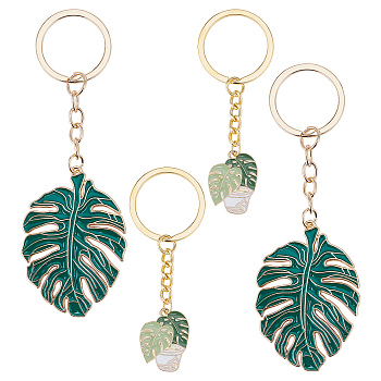 4Pcs 2 Style Monstera Leaf Alloy Enamel Pendant Keychain, for Car Key Bag Pendant Decoration, Golden, 80~12cm, 2pcs/style