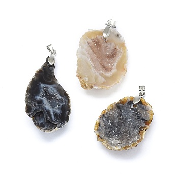 Natural Druzy Geode Agate Pendants, with Brass Findings, Nuggets, Platinum, 37.5~49x22.5~27.5x8.5~9.5mm, Hole: 3.5x4.5mm