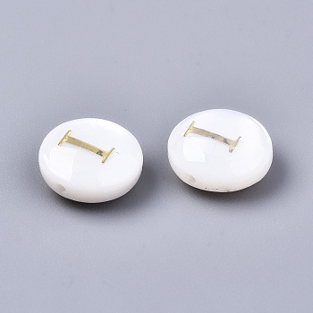 Natural Freshwater Shell Beads, with Golden Plated Brass Etched Metal Embellishments, Flat Round, Seashell Color, Letter.I, 8x3~5mm, Hole: 0.5~07mm