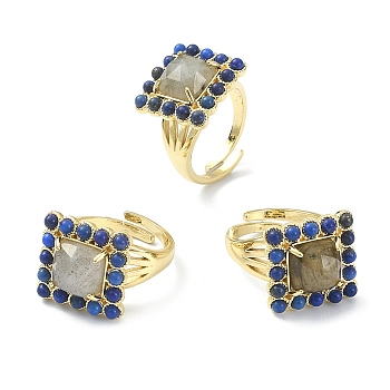 Natural Labradorite & Lapis Lazuli Rectangle Adjustable Ring, Real 18K Gold Plated Brass Wide Ring for Women, Inner Diameter: 17mm
