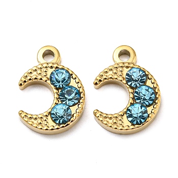 304 Stainless Steel Pendants, with Rhinestone, Crescent Moon Charms, Real 14K Gold Plated, 13.5x10x3mm, Hole: 1.6mm