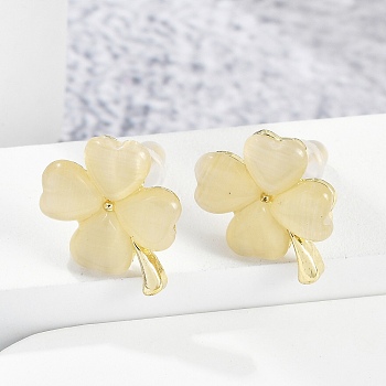 Alloy Cat Eye Stud Earrings, Clover, Pale Goldenrod, 15.5x12mm