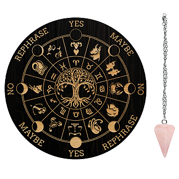AHADEMAKER 1Pc Wood Pendulum Board, 1Pc 304 Stainless Steel Cable Chain Necklaces, 1Pc Natural Rose Quartz Stone Pendants, for Witchcraft Wiccan Altar Supplies, Tree of Life, Board: 200x4mm