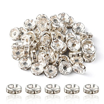 Iron Flat Round Spacer Beads, with Crystal Rhinestone, Silver, 8mm