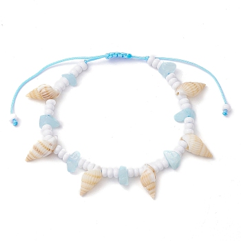 Dyed Natural White Jade Braided Bead Bracelets, Beach Natural Spiral Shell Adjustable Bracelets for Women, Deep Sky Blue, Inner Diameter: 2-1/8~3-5/8 inch(5.3~9.1cm)