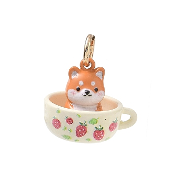 Spray Painted & UV Printed Brass Pendants, Cup with Dog Charms, Golden, Coral, 15.5x18x15mm, Hole: 4mm