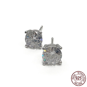 Rhodium Plated 925 Sterling Silver Stud Earrings, with Cubic Zirconia, Diamond, Real Platinum Plated, 6x6mm