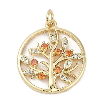 Rack Plating Brass Micro Pave Cubic Zirconia Pendants, Lead Free & Cadmium Free, Long-Lasting Plated, Tree of Life Charms, with Jump Ring, Real 18K Gold Plated, 23x20.5x3.5mm