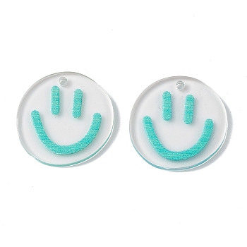 Transparent Printed Acrylic Pendants, Flat Round with Smiling Face Charm, Dark Turquoise, 20.5~21x20~21x2mm, Hole: 1.6mm