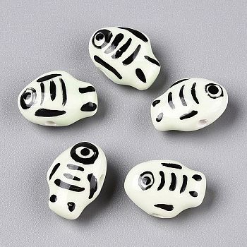 Handmade Printed Porcelain Beads Strand, Fish, Beige, 13x18x9mm, Hole: 1.6mm, about 24~25pcs/strand, 11.81''(30~31.5cm)