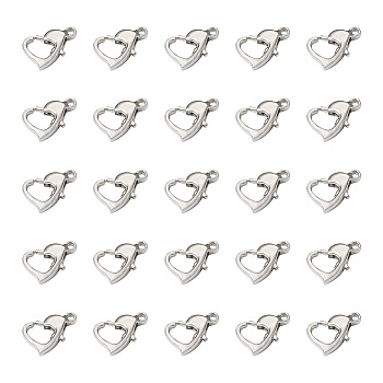 Alloy Lobster Claw Clasps, Heart, Platinum, 12x8x3mm, Hole: 1.2mm