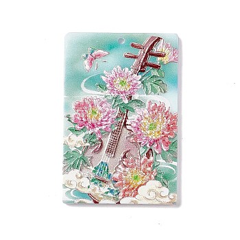 Embossed Flower Printed Acrylic Pendants, Rectangle Charms with Musical Instruments Pattern, Pink, 45x30x2.3mm, Hole: 1.6mm