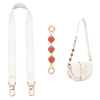WADORN 1Pc PU Leather Bag Straps, with Alloy Swivel Clasps, with 1Pc Alloy Enamel Strawberry Link Purse Strap Extenders, White, 17.8~60cm