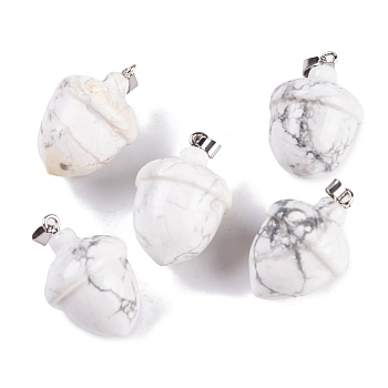 Natural Howlite Pendants, Acorn Charms with 201 Stainless Steel Snap on Bails, Stainless Steel Color, 29~30x20mm, Hole: 6x3mm